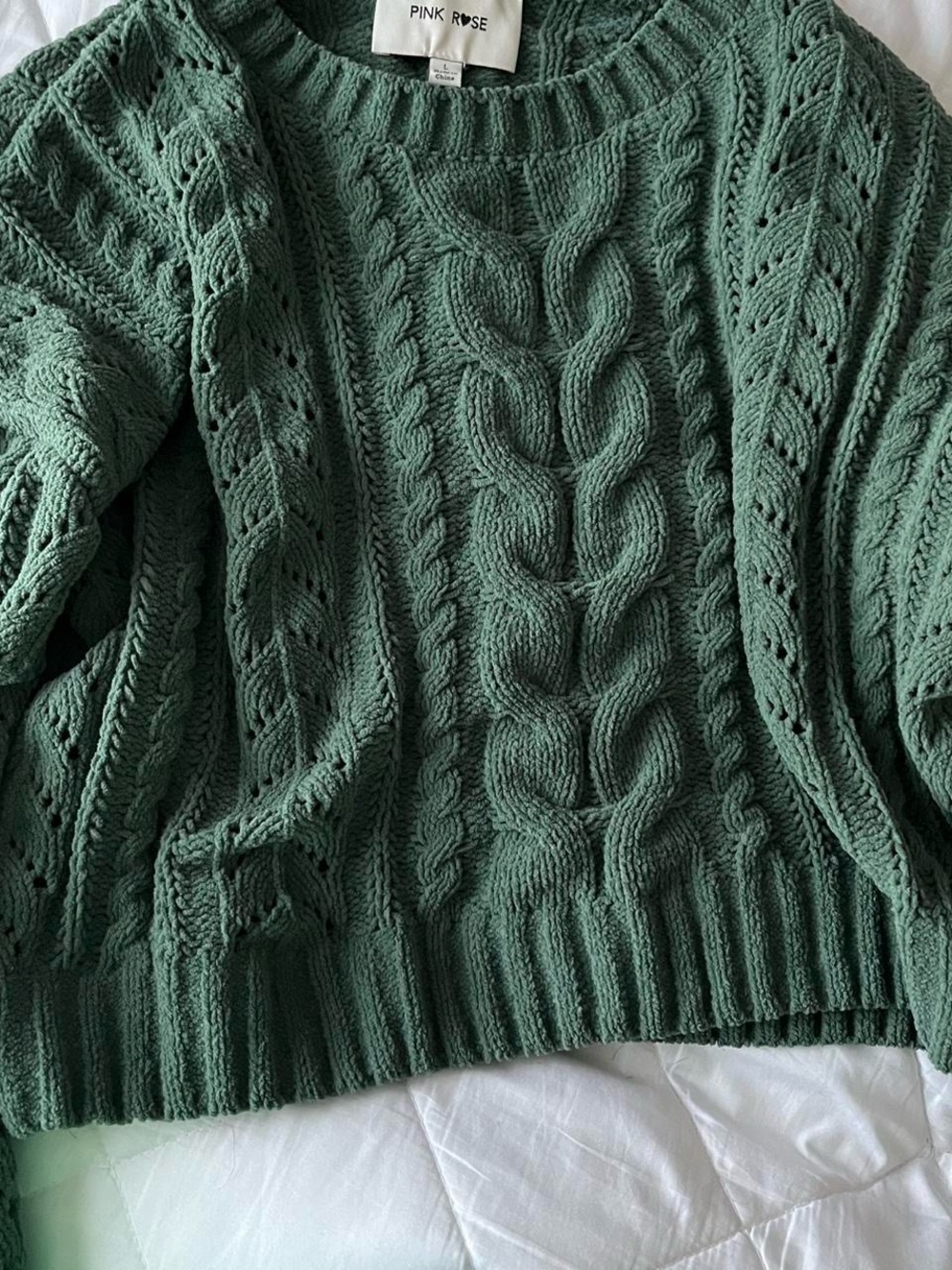Pink Rose Cable Knit Scoop Neck Sweater in Sage Green